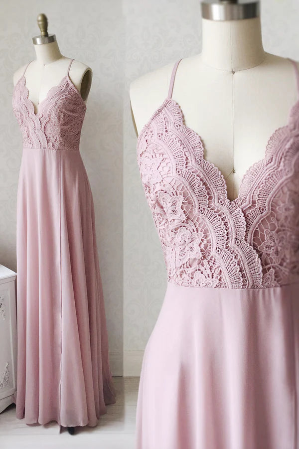 Wholesale Pink Chiffon Lace Long A-Line Prom Dress Pink V-Neck Evening Dress